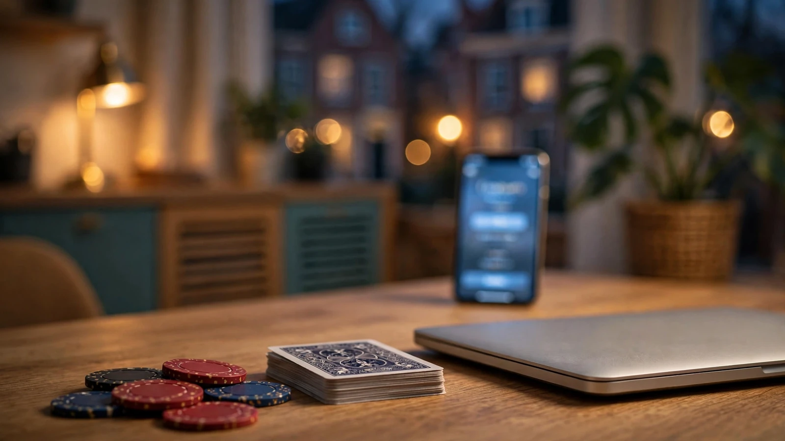 Casino chips op tafel met gesloten laptop en smartphone voor verificatie
