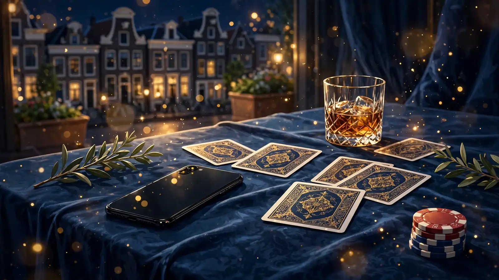 Elegante casino-sfeer met smartphone, speelkaarten en een glas whiskey op een fluwelen tafel