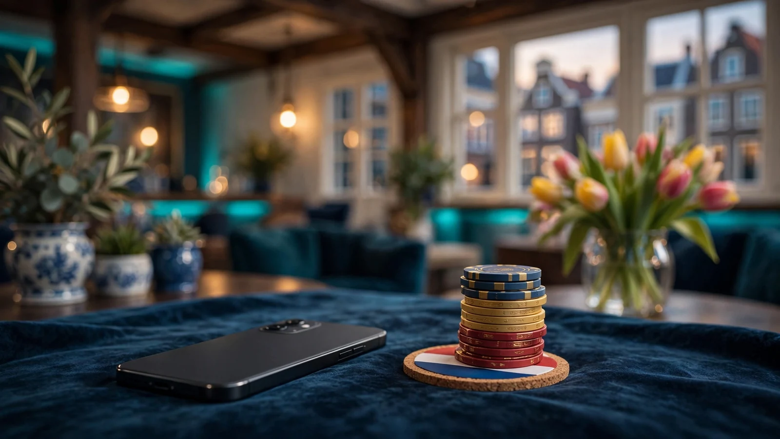 Smartphone en casinofiches op een luxe tafel met Nederlands tintje
