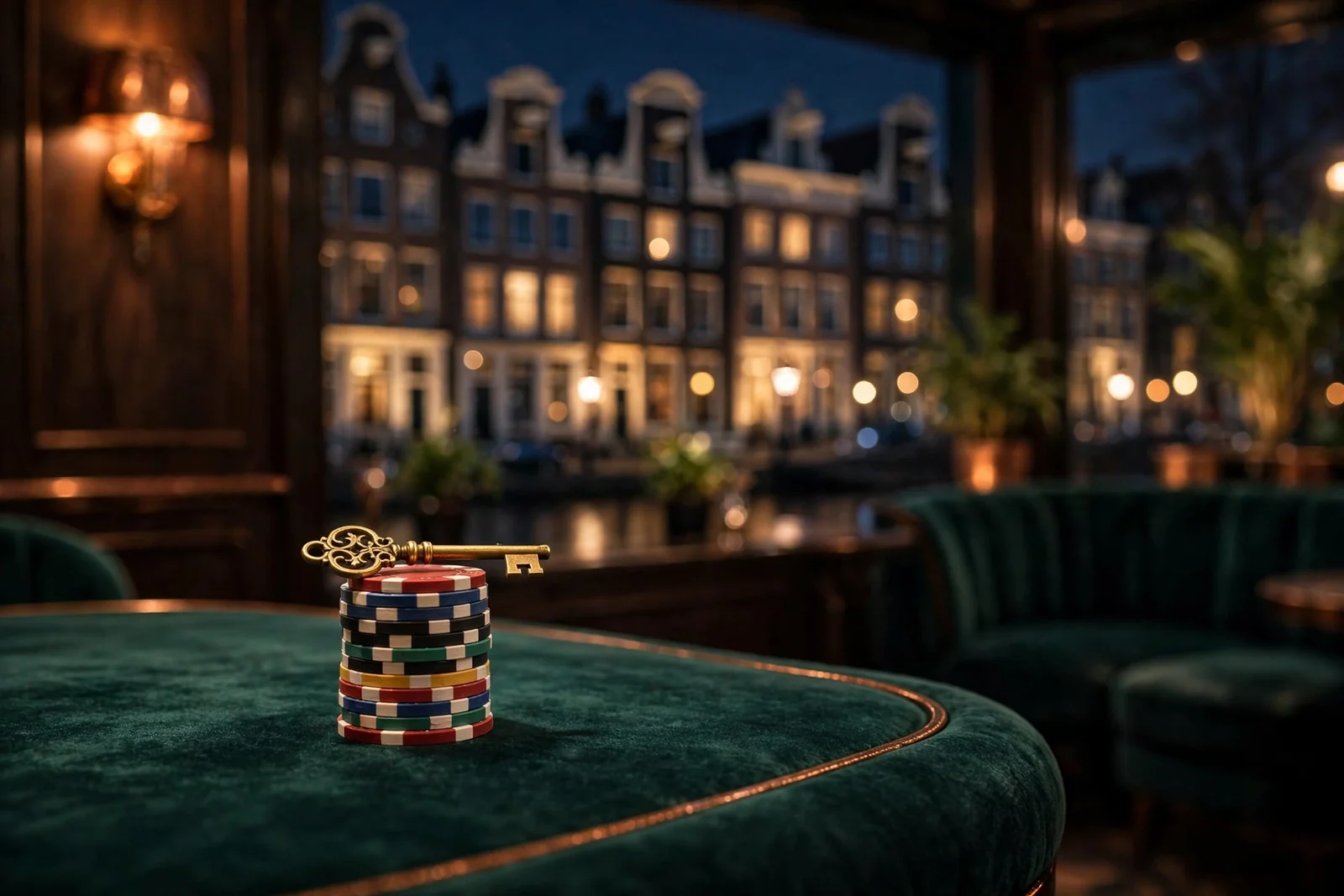 Sfeervolle casino lounge in Amsterdam met fiches en gouden sleutel
